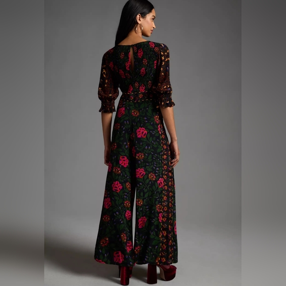 ☆SOLD☆ Farm Rio Anthropologie Smocked Jumpsuit In Black Motif Sz Extra Large - Picture 3 of 8